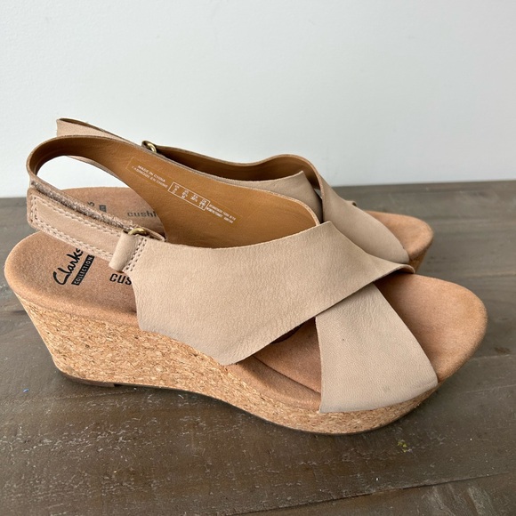 Clarks Shoes - Clarks Taupe Cork Wedge Slingback Sandals Velcro Strap
